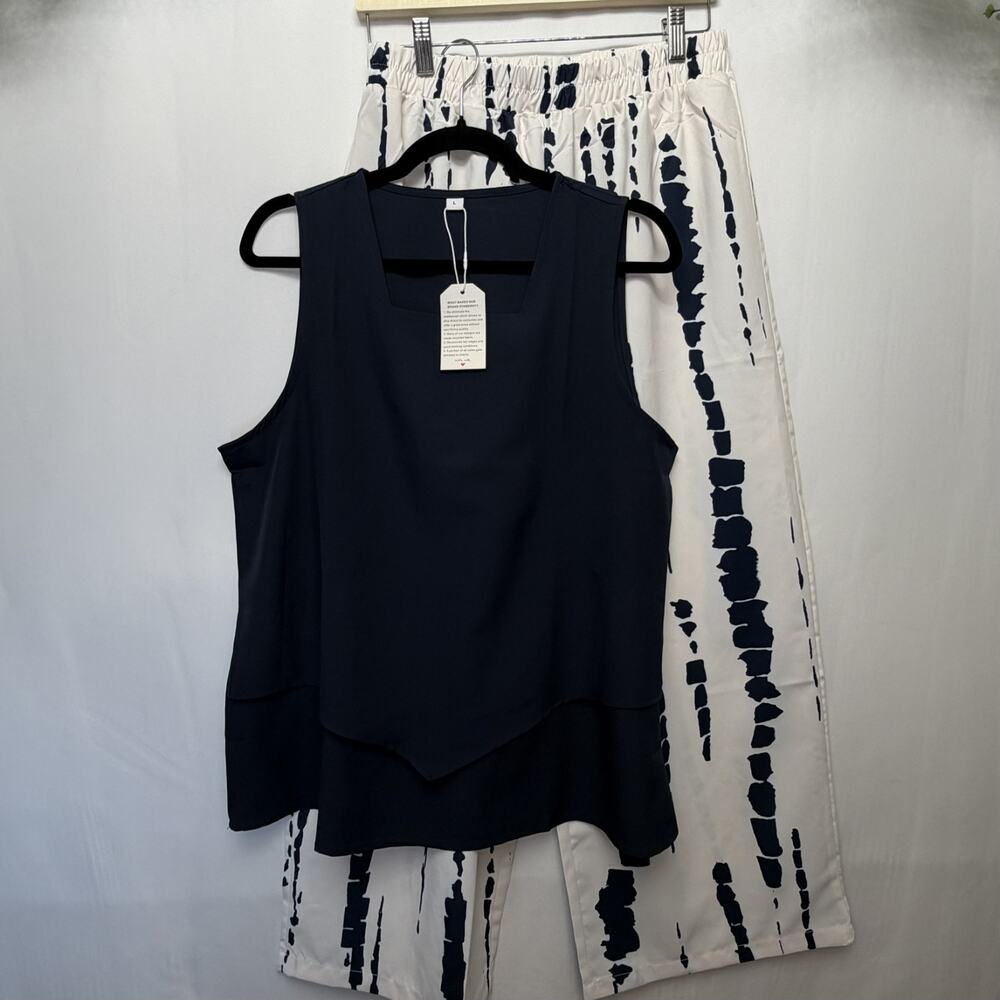 Women’s 2-Piece Outfit Set Navy Blue Sleeveless Tank And Tye Dye Wide Leg Pants